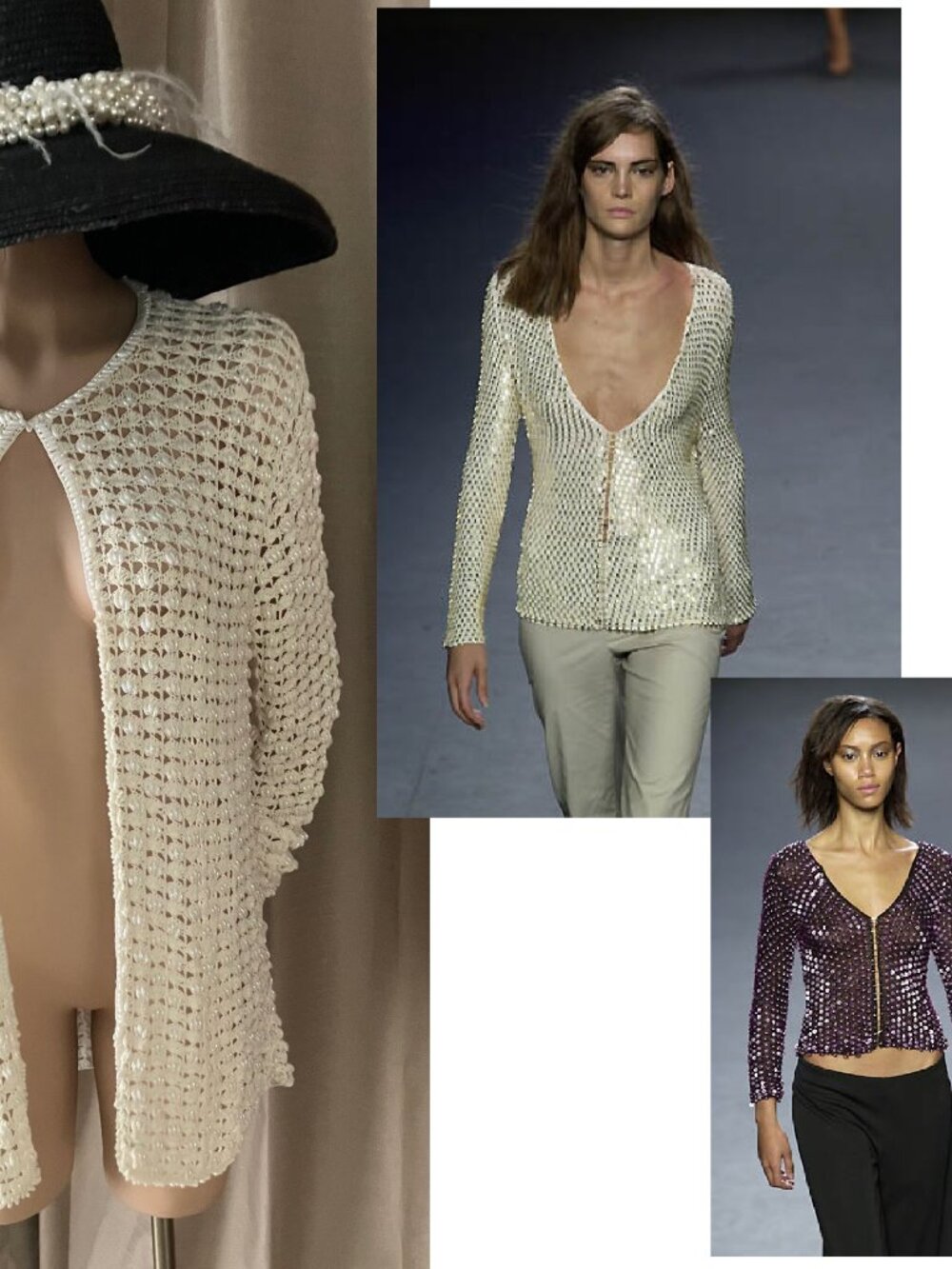 VIVIENNE TAM RARE VINTAGE NEVER WORN ELONGATED PEARL-ENCRUSTED OPEN WEAVE JACKET